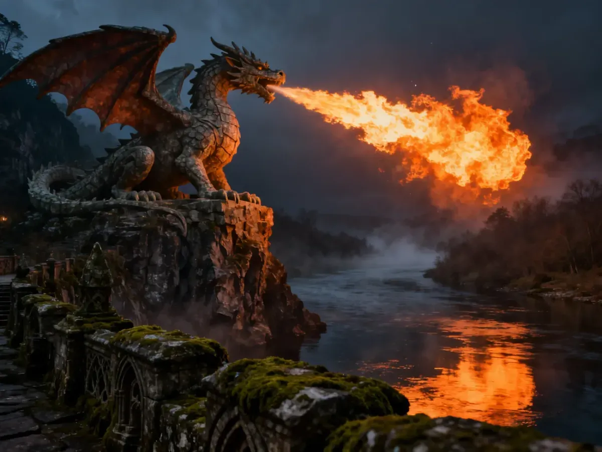 Kamienny posąg smoka wawelskiego na skalistym klifie, ziejący ogniem w stronę rzeki w nocnej, mrocznej scenerii.
