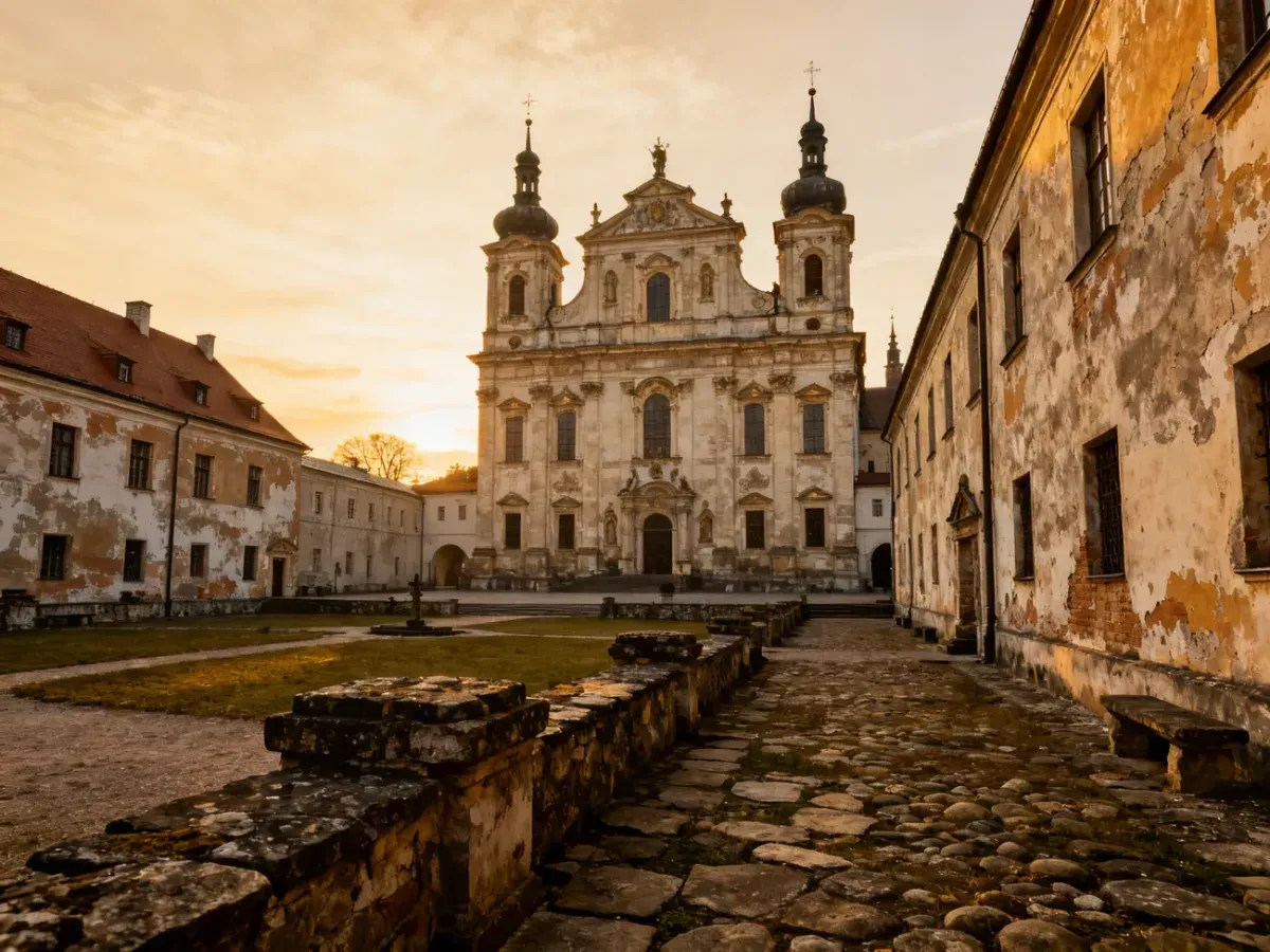 Imponująca barokowa fasada opactwa cystersów w Lubiążu o zachodzie słońca, widoczna od strony zabytkowego dziedzińca.