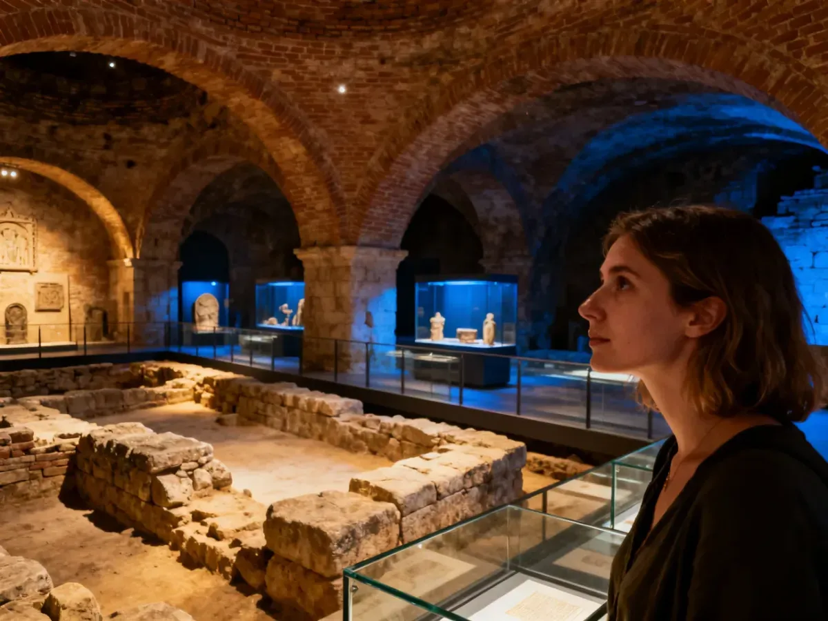 Turystka zwiedzająca podziemne wystawy archeologiczne w krakowskich Podziemiach Rynku wśród średniowiecznych fundamentów.