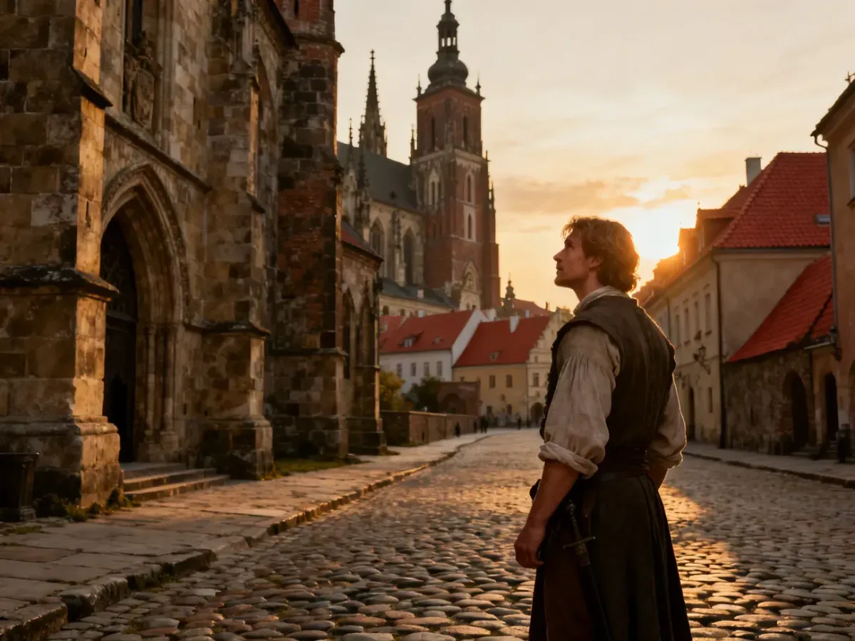 Mężczyzna w historycznym stroju na tle średniowiecznej zabudowy polskiego miasta w świetle zachodzącego słońca.