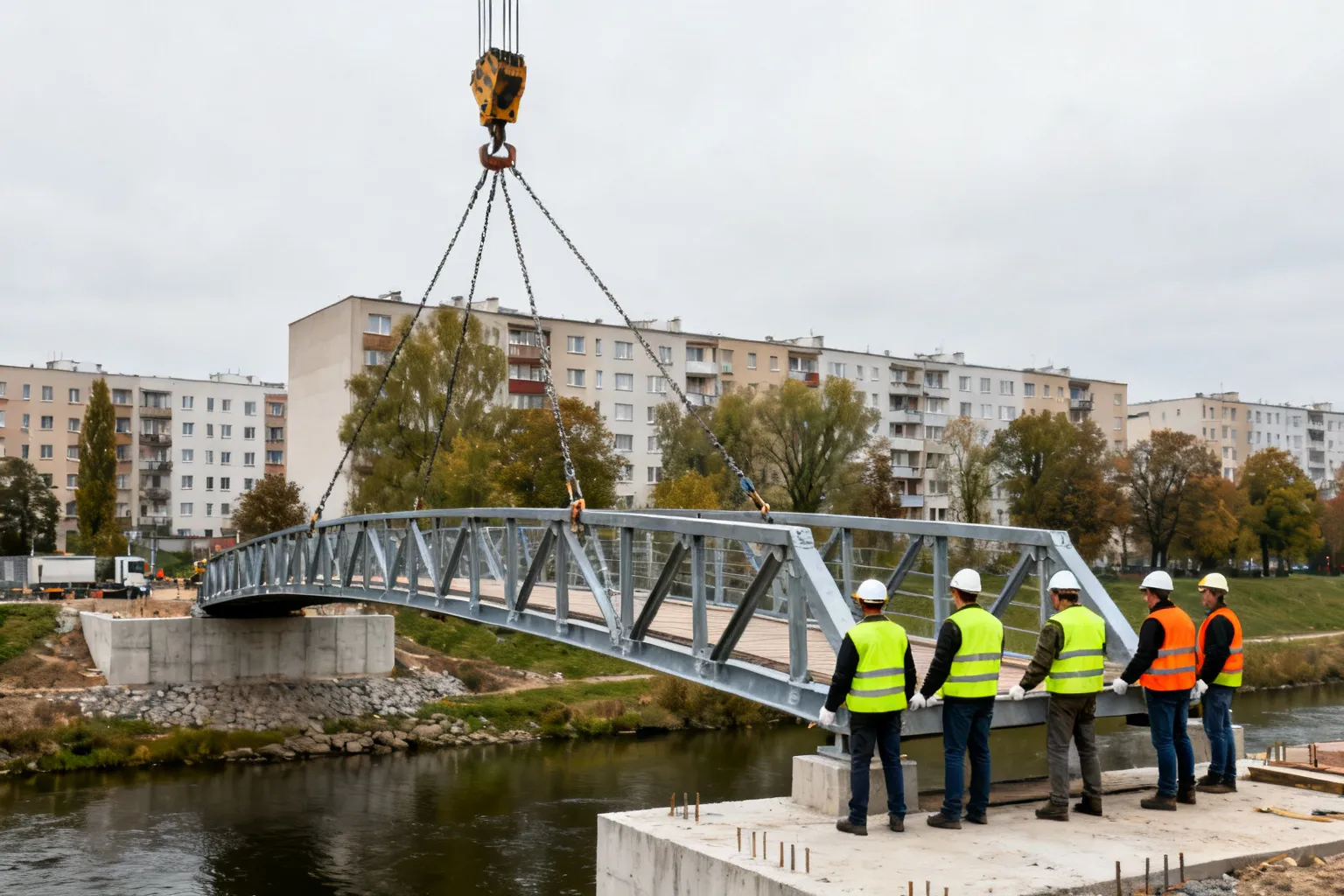 Montaż pierwszego przęsła kładki na Zaspie w Gdańsku