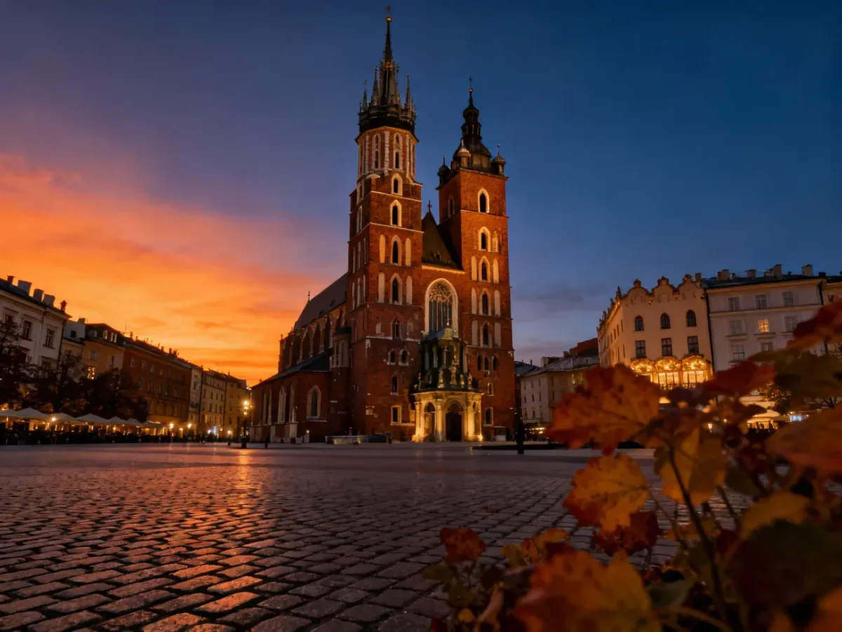 Bazylika Mariacka w Krakowie o zachodzie słońca, z charakterystycznymi wieżami na tle wieczornego nieba.